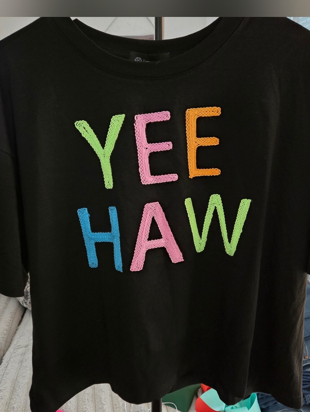 Black 'YEE HAW' Cropped Graphic Tee - Multicolor Letters